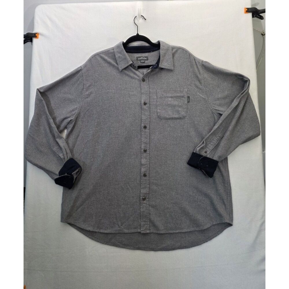 Eddie Bauer Flannel Shirt Mens XXL Heather Gray Navy‎ Trim Cotton Button Up